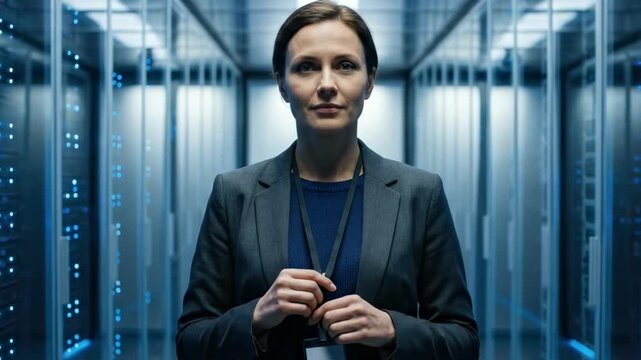 40 year old women. A confident woman stands in a high-tech server room, surrounded by servers glowing with blue lights, showcasing a blend of technology and professionalism