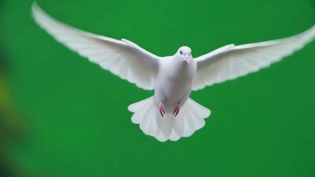 White pigeon flying in the air with blurred green background