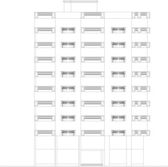 Architectural elevation drawing of a modern multi-story residential building with repetitive balconies, white line art style. © Riki