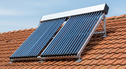 Solar Thermal Collectors Mounted on Residential Roof Angled Installation