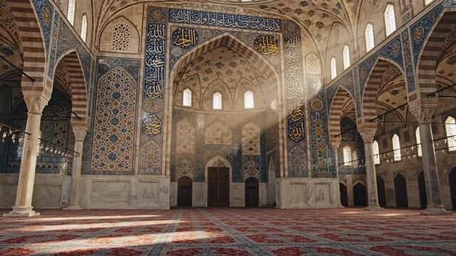 Interior of a mosque with sunbeam shining through archways, highlighting intricate tile work and ornate architecture in a place of worship