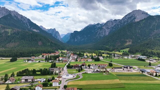 A scenic view of Dobbiaco (Toblach), a town in the Puster Valley of South Tyrol, Northern Italy