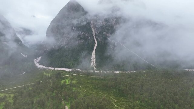 A scenic view of the Dolomites mountain range in Italy.