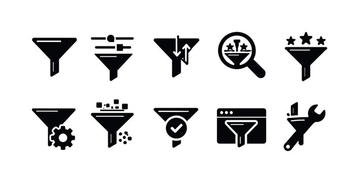 Filter, data management solid icon set. search, sorting, and adjustment icons