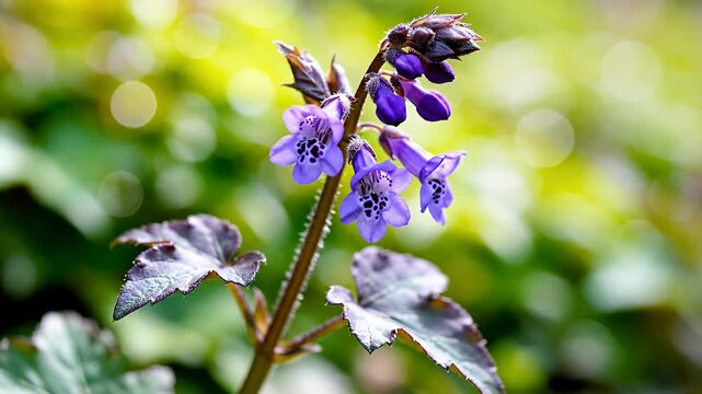 Delicate purple wildflower blooming on slender stem against bright natural background