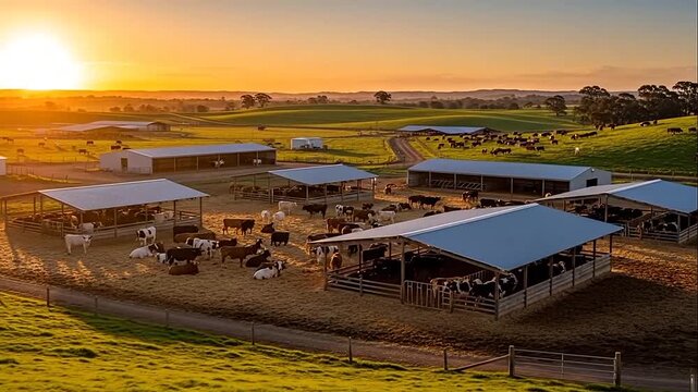 Cattle farm at sunset with cows.