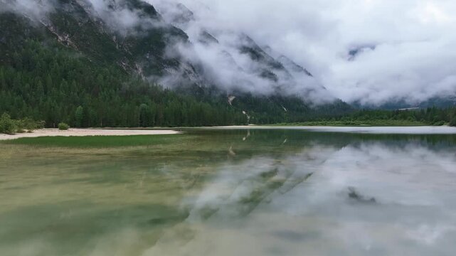 A scenic view of the Dolomites mountain range in Italy.