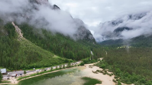 A scenic view of the Dolomites mountain range in Italy.