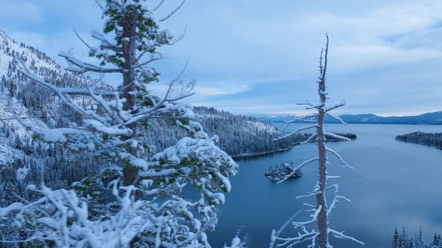 Aerial drone footage of Lake Tahoe surrounded by snow covered forest and winter shoreline. Calm blue water contrasts with frozen landscape,showcasing serene alpine nature and seasonal mountain scenery