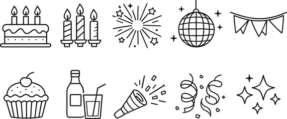 Collection of birthday party icons including cake, candles, fireworks, disco ball, and confetti
