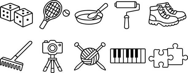 Collection of diverse hobby and activity icons in a simple line art style © Vitechek