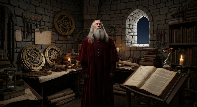 Stargazing astronomer adjusts brass astrolabe and taps hourglass during evening study in stone room filled with books and tools
