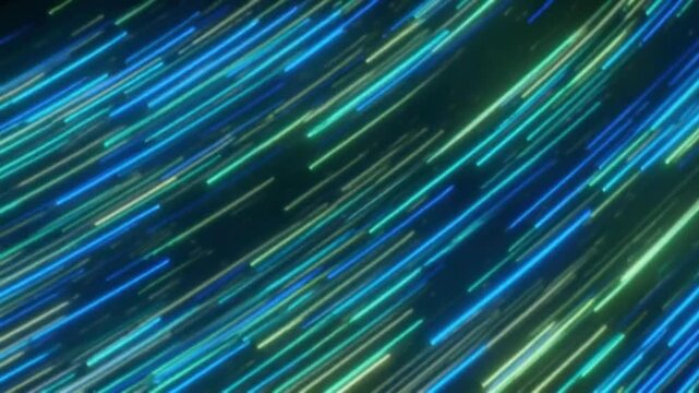 3D animation of an abstract neon background featuring blue and green glowing lines sliding upward in smooth continuous motion, luminous light trails with soft bloom, layered depth and subtle parallax