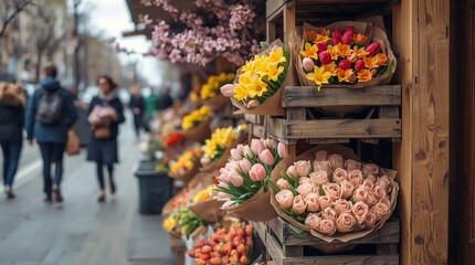 8 March flower market display with fresh tulips and roses in rustic wooden crates, spring street scene for International Women&rsquo;s Day celebration and gifting concept