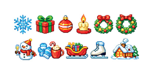 Obraz premium Christmas, holiday pixel icon set. winter festive pixel art icons collection