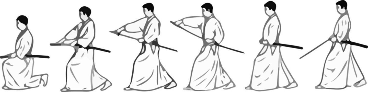 Complete Iaido and Kenjutsu Katana Sword Technique Illustration Guide with Detailed Samurai Movements and Classical Japanese Sword Forms