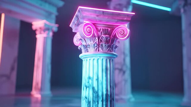 Neon-Lit Ancient Columns - A Fusion of Past and Future.