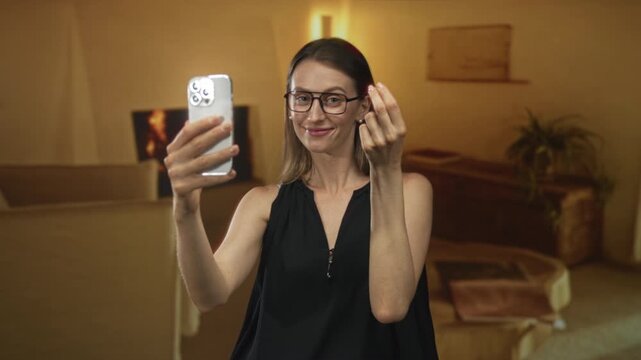 Woman holding smartphone and making pinched fingers gesture while taking a selfie in building; playful teasing.