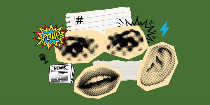 Pop art collage halftone face elements eyes mouth ear newspaper microphone comic sound burst media communication concept vintage green background