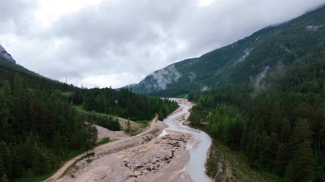 A scenic view of the Dolomites mountain range in Italy.