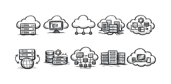 Cloud computing icon set: network and server icons, sketch style collection
