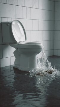 WC overflow causing bathroom flood with leaking toilet and water on tiled floor, plumbing damage and cleanup scene