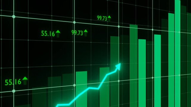 Investing in the stock market is profitable. Bull market. Green bar chart. Green glowing arrows are rising