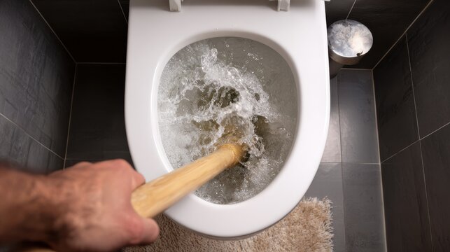 WC toilet being plunged with wooden-handled plunger: overhead closeup of unclogging toilet bowl with water splash on tiled bathroom floor
