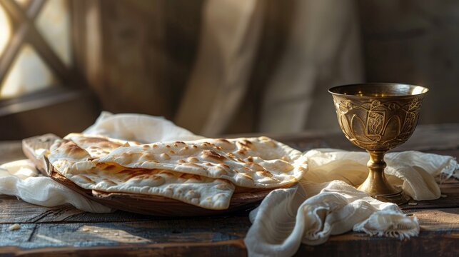 Broken unleavened bread and chalice on rustic wooden table symbolizing communion, Last Supper, and Easter redemption. Clean, realistic Christian worship concept background for church and faith media
