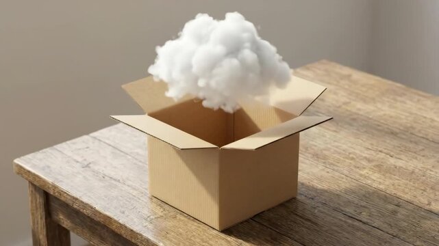 Minimalist cardboard box with soft white packing on a wooden surface