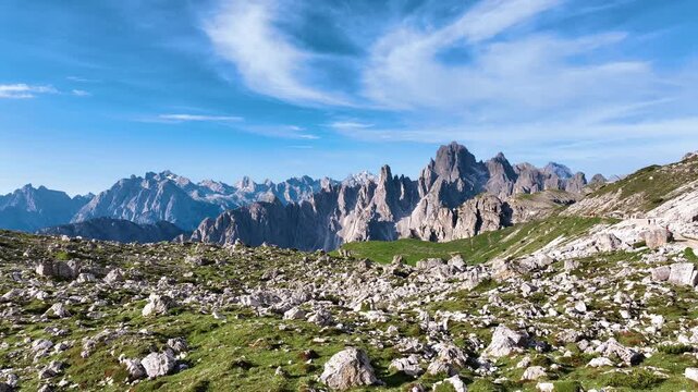 A scenic view of the Dolomites mountain range in Italy.