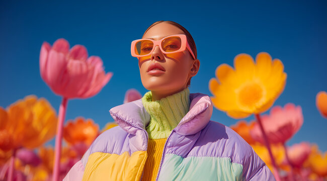 Stylish person in colorful jacket surrounded by blooming flowers.