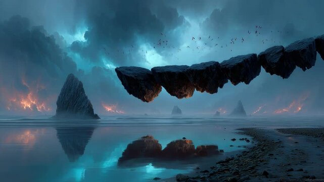 Surreal, ethereal coastal scene featuring levitating rocks, dark clouds, and fiery skies
