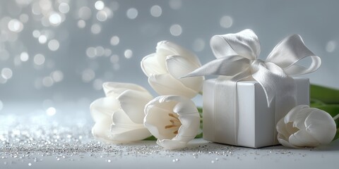 White tulips with elegant gift box and golden sparkles, perfect spring celebration banner for Women&rsquo;s Day.