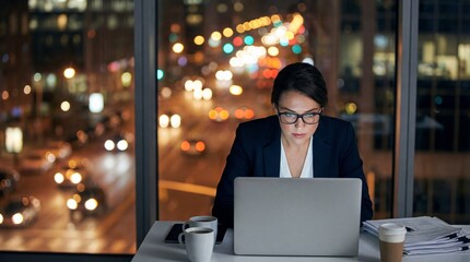 Professional businesswoman working late hours on laptop in modern office with city lights bokeh background. Dedicated female executive focus concentration overtime