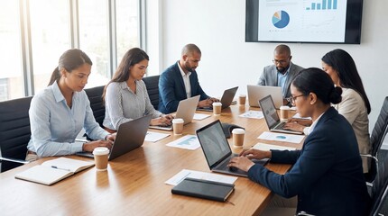 Diverse business team collaboration meeting boardroom corporate professionals working laptops data analysis charts teamwork strategy planning office conference