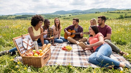 Happy diverse friends picnic meadow. Young adults sitting on blanket eating fruit playing guitar. Summer leisure lifestyle concept. Cheerful people relaxing together outdoors nature.