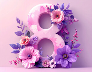 Elegant number 8 adorned with delicate pink and purple flowers and leaves