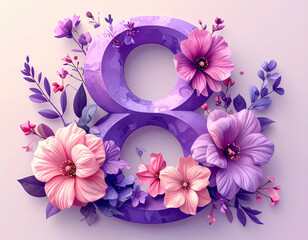 Elegant number 8 adorned with delicate pink and purple flowers and leaves