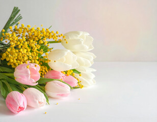 Soft pastel tulips and mimosa flowers arranged on a white surface with a blurred background