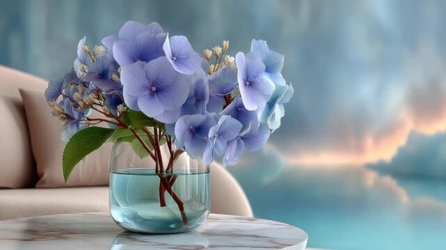 A serene arrangement of blue hydrangeas in a glass vase, on a marble table with a blurred background