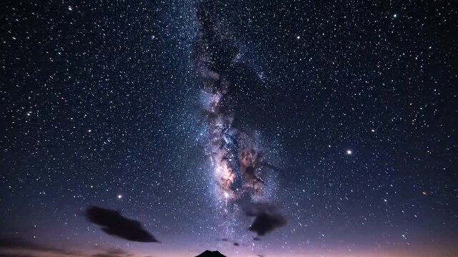 Stunning mountain landscape under starry night sky with scattered clouds at dusk, perfect for astronomy or travel promotions