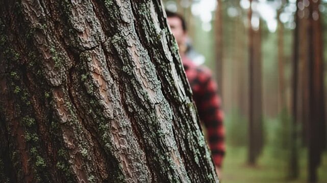 Trunk falling and revealing lumberjack with axe in forest after cutting tree trunk for firewood and sustainable wood use, preparing for winter