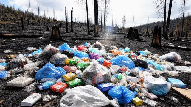 Pollution and destruction in a barren landscape filled with trash and debris after an environmental disaster