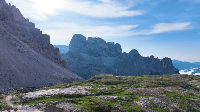 A scenic view of the Dolomites mountain range in Italy.