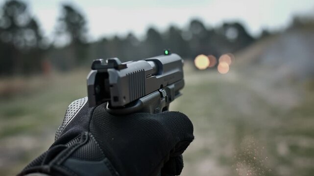 First person view firing a pistol with muzzle flash at outdoor range. Sparks and smoke in slow motion. Tactical concept.
