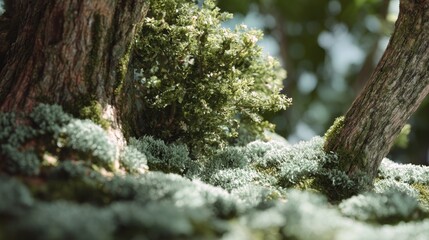 Obraz premium Enchanted Forest Floor: Mossy Trunks and Textured Foliage in Gentle Light