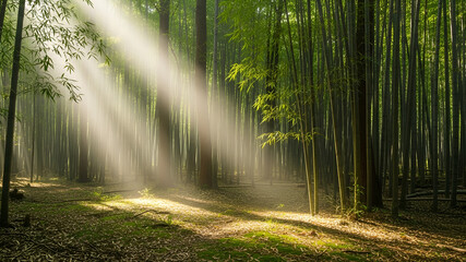 Obraz premium Sunbeams filtering through a dense bamboo forest creating a serene and magical atmosphere with dappled light on the forest floor