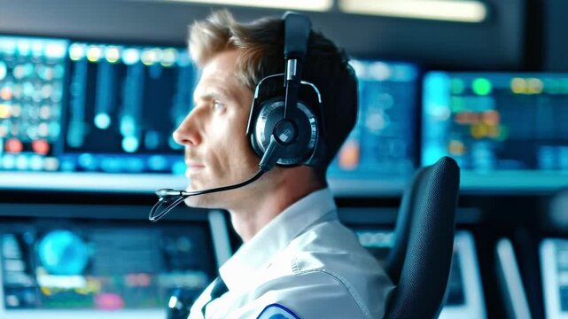 Focused Operations Specialist: A dedicated individual, clad in a professional headset, intently monitors screens in a modern control center, embodying precision and focus.