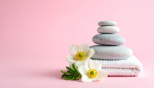 Zen spa composition with stacked smooth stones, soft white towels and anemone flowers on pastel pink background. Minimal wellness and beauty concept with copy space for skincare branding.